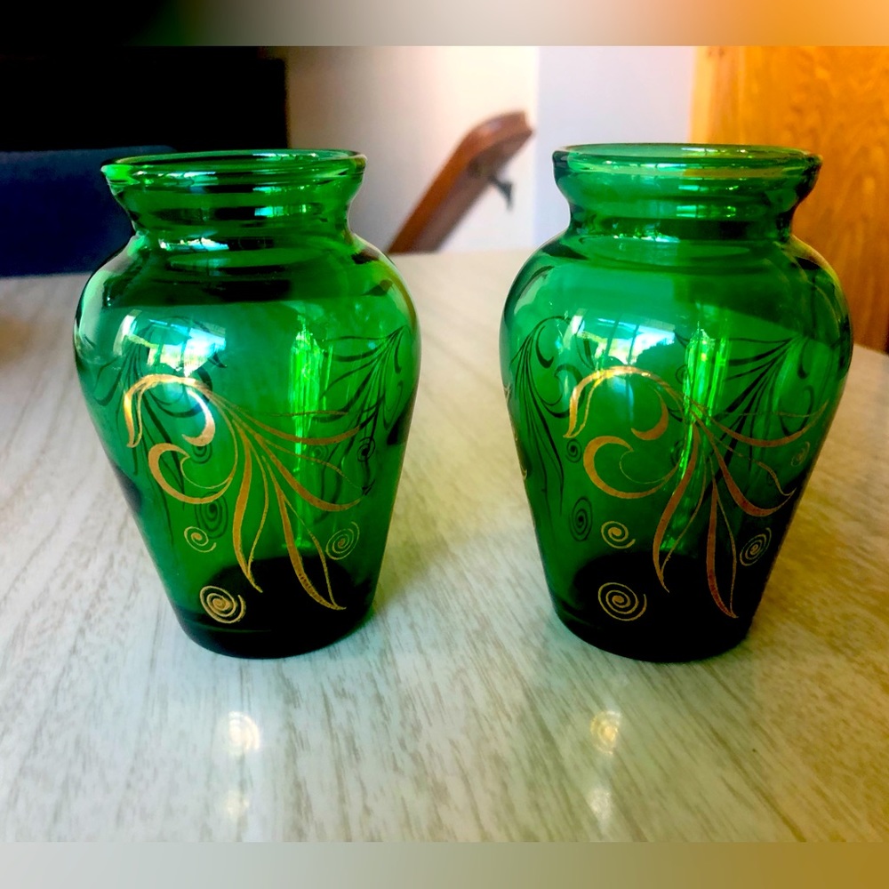 Vintage green mid century glass vases with gold design